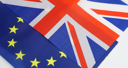 Brexit referendum UK (United Kingdom or Great Britain or England) withdrawal from EU (European Union), British vote leave. The flag of UK & EU Symbolic that represent a lot of concept design to Brexit