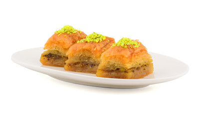 Traditional Turkish Baklava with Pistachio. Isolated on White Background.