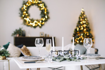 Serving a festive table. New year decorations. Christmas and  New Year concept