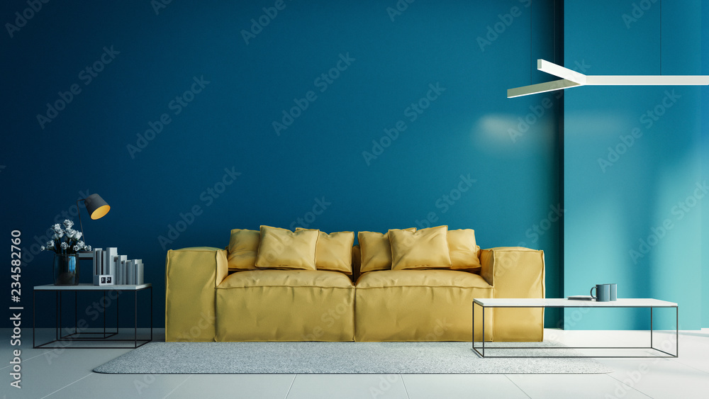 Wall mural yellow and blue interior in modern style with soft armchairs and blue wall template / 3d rendering i