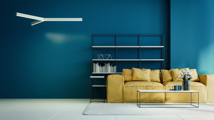 yellow and blue interior in modern style with soft armchairs and blue wall template
/ 3d rendering interior