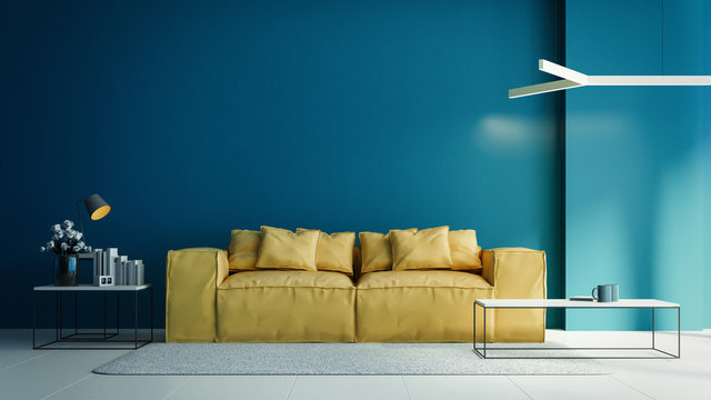 yellow and blue interior in modern style with soft armchairs and blue wall template
/ 3d rendering interior