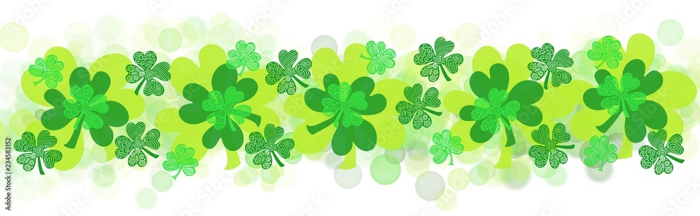 Wall mural shamrock four leaf clover, st patrick's day, march green and white banner header background in wide 