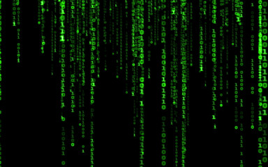 Background in a matrix style.Binary computer code on black background.Green digital code numbers in...