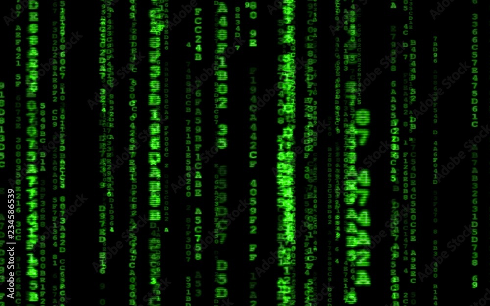 Wall mural Background in a matrix style.Binary computer code on black background.Green digital code numbers in matrix style.Cyberpunk hacker abstraction backdrop.Random numbers falling on the black background.