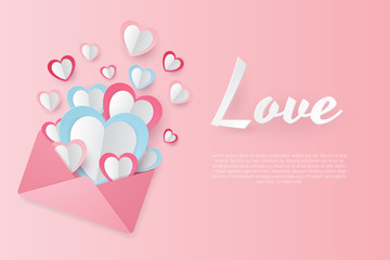 illustration of love and valentine day with letter, envelope and love shape. Paper cut style. Vector illustration