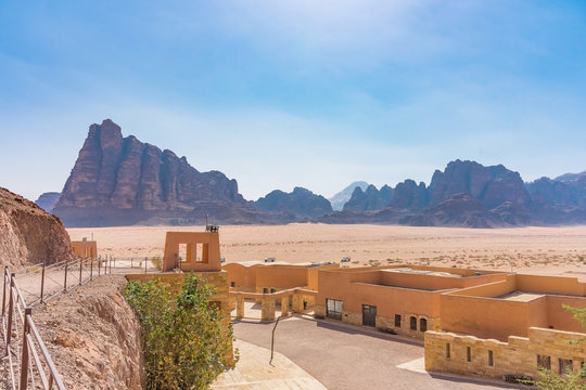 The Seven Pillars of Wisdom in Wadi Rum, Jordan. It is a valley cut into the sandstone and granite rock in southern Jordan 60 km to the east of Aqaba