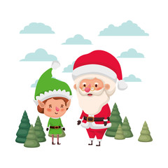santa claus with elf moving with christmas trees