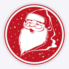 Christmas red round sign with the face of Santa Claus with snowflakes.
