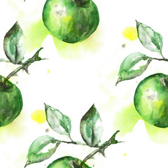 Watercolor seamless pattern. Branch with green Apple. Spray paint on white background.