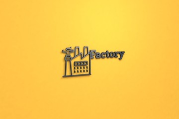 3D illustration of Factory, grey color and grey text with yellow background.