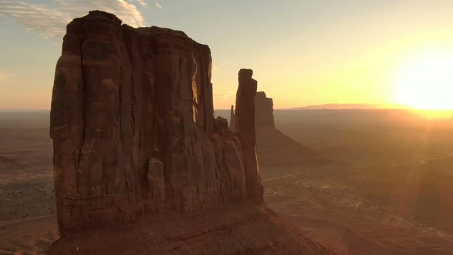 Monument Valley Sunrise West Mitten Butte Fly Over Aerial Telephoto Southwest USA