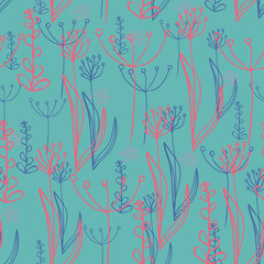 Vector floral seamless pattern in doodle style with flowers and leaves. Abstract background