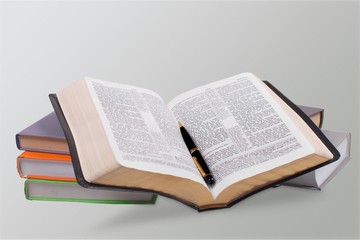 Holy bible book on wooden table