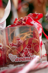 Christmas and New year gifts and baskets with sweets, alcohol, chocolate and cookies