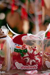 Christmas and New year gifts and baskets with sweets, alcohol, chocolate and cookies