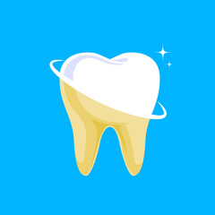 Tooth before and after. Yellow becomes white, Dental care concept,  illustration isolated on blue background.