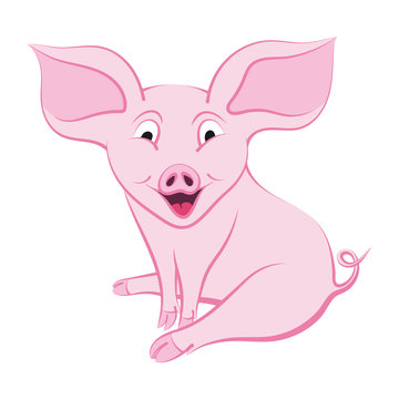 Smiling pink pig. Sitting piggy with color contour. Vector illustration on white background.