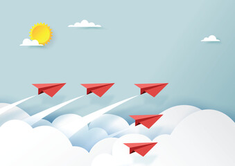 Red paper airplanes teamwork flying on blue sky and cloud.Paper art style of business teamwork and leadership creative concept idea.Vector illustration - obrazy, fototapety, plakaty