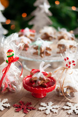 Christmas and New year gifts and baskets with sweets, alcohol, chocolate and cookies