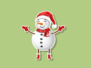 Vector cartoon Snowman Sticker. Merry Christmas and happy new year. decorative element on holiday. Greeting card design, posters, gift tags and labels.