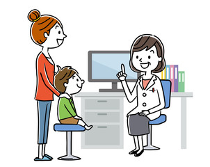 診察：女性医師と母親と男の子

