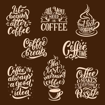 Steaming coffee drink, vector lettering