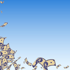 Chinese yuan notes falling. Messy CNY bills on blu