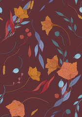 Floral seamless pattern. Natural colors: yellow, brown, ocher, purple, violet, dark burgundy background. A collection of small branches, leaves, flowers, various plants, berries.