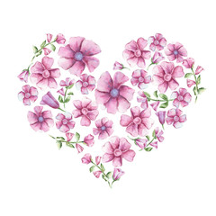 heart pink flowers and leaves vintage watercolor