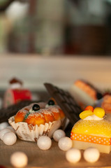 Christmas and New year gifts and baskets with sweets, alcohol, chocolate and cookies