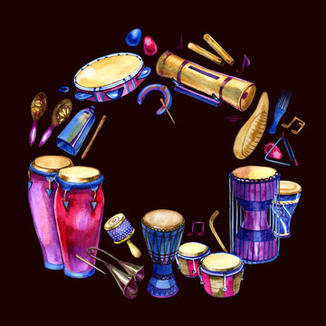 White round background with musical percussion instruments. Watercolor music illustration. Frame.