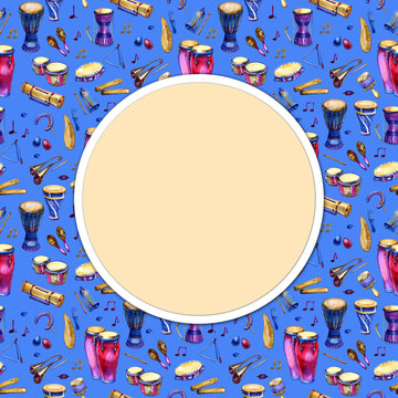 White round background with musical percussion instruments. Watercolor music illustration. Frame.