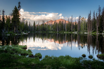 Fototapeta premium Beautiful Mountain Lake Reflecting Trees, Mountain and Sky