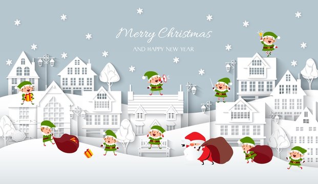 Christmas town, white paper houses, Santa Claus, elves, vector illustration