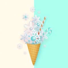 Ice cream, waffle cup with snowflakes, pastel, minimalism, vector illustration
