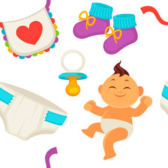 Baby newborn kid and pram perambulator seamless pattern vector.