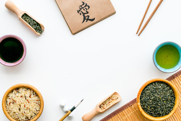 Chinese traditional symbols concept. Tea, rice, hieroglyph symbol, bambootabe mat, chopsticks, soy...