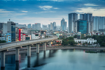 Obraz premium Aerial skyline view of Hanoi at Hoang Cau lake. Hanoi cityscape by sunset period
