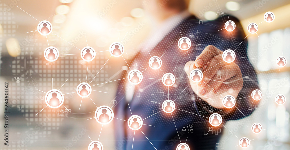 Poster Businessman drawing global structure networking and data exchanges customer connection on office background