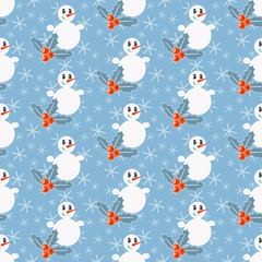 Cute Christmas pattern with snowman, mistletoe and snowflakes