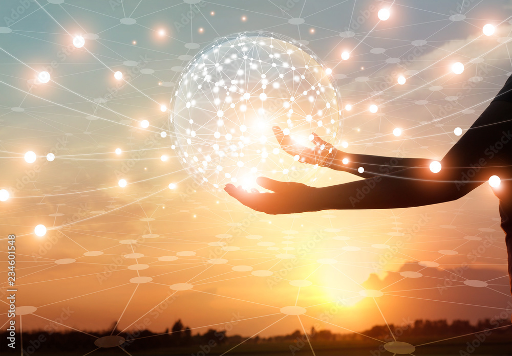 Aufkleber Abstract science, circle global network connection communication in hands on sunset background, technology and innovation.