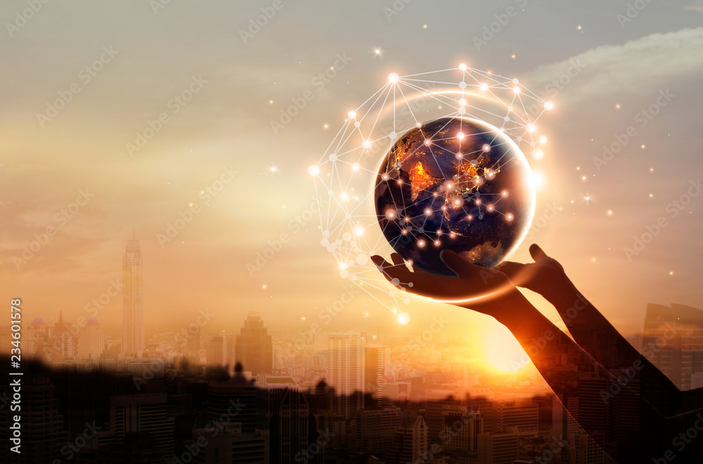 Poster Abstract science, hands touching earth and circle global network connection communication on sunset background, technology and innovation. 