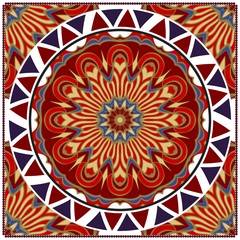 Ornamental floral print with color mandala. For design of carpet, shawl, pillow, cushion. Vector illustration