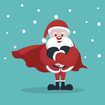 Christmas card of super santa claus with snow falling