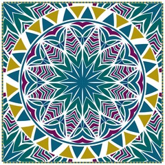 Decorative colorful floral ornament with decorative border. Ethnic mandala decoration. For fashion print, bandanna, tablecloth, neck scarf