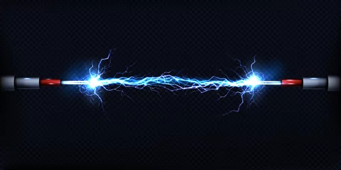 Foto op Canvas Electrical discharge passing through air between two pieces of naked wires or power cables 3d realistic vector illustration isolated on transparent background. Electrical power short circuit concept © vectorpouch