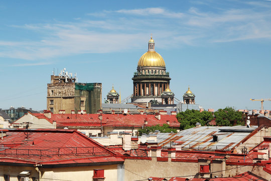 Panorama of rooftops and the cupola of Saint Isaac cathedral in Saint Petersburg, Russia