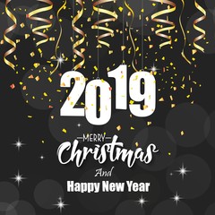Fototapeta premium 2019 Happy New Year and Merry Christmas greeting card with falling golden confetti and ribbon