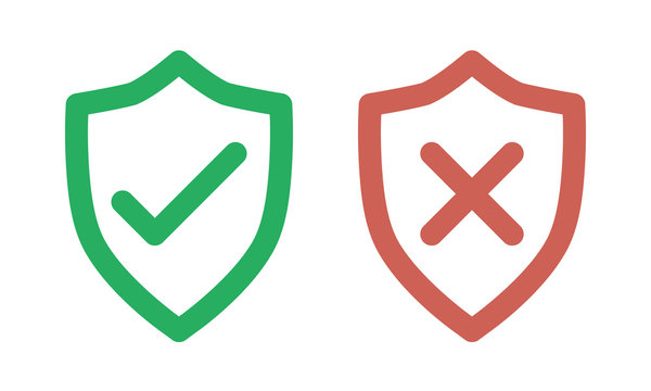green check and red cross symbols, shield thin line vector signs
